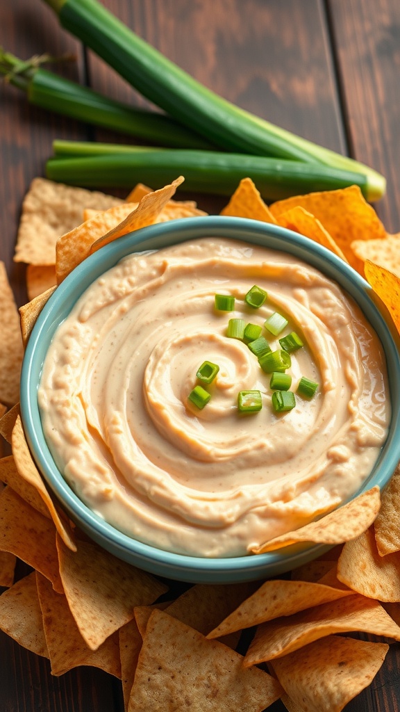 Creamy shrimp dip in a bowl with tortilla chips, garnished with green onions, on a wooden table.